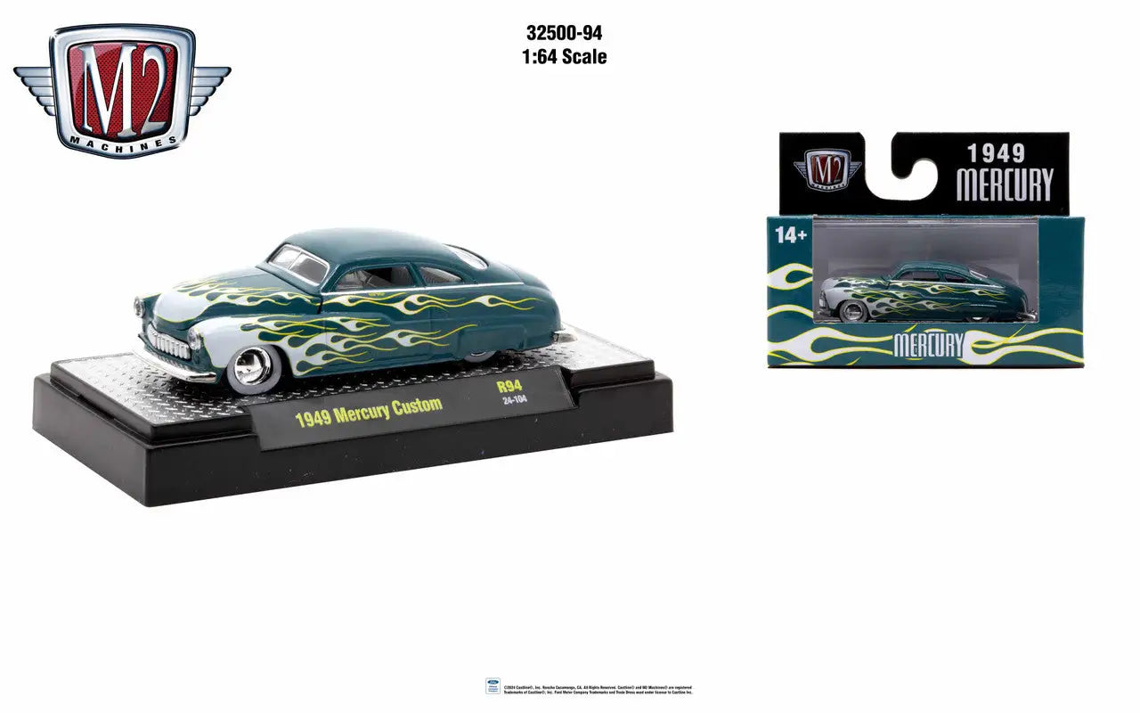 1949 Mercury Custom car with green flames, M2 Machines AutoThentics Rel 94 collectible