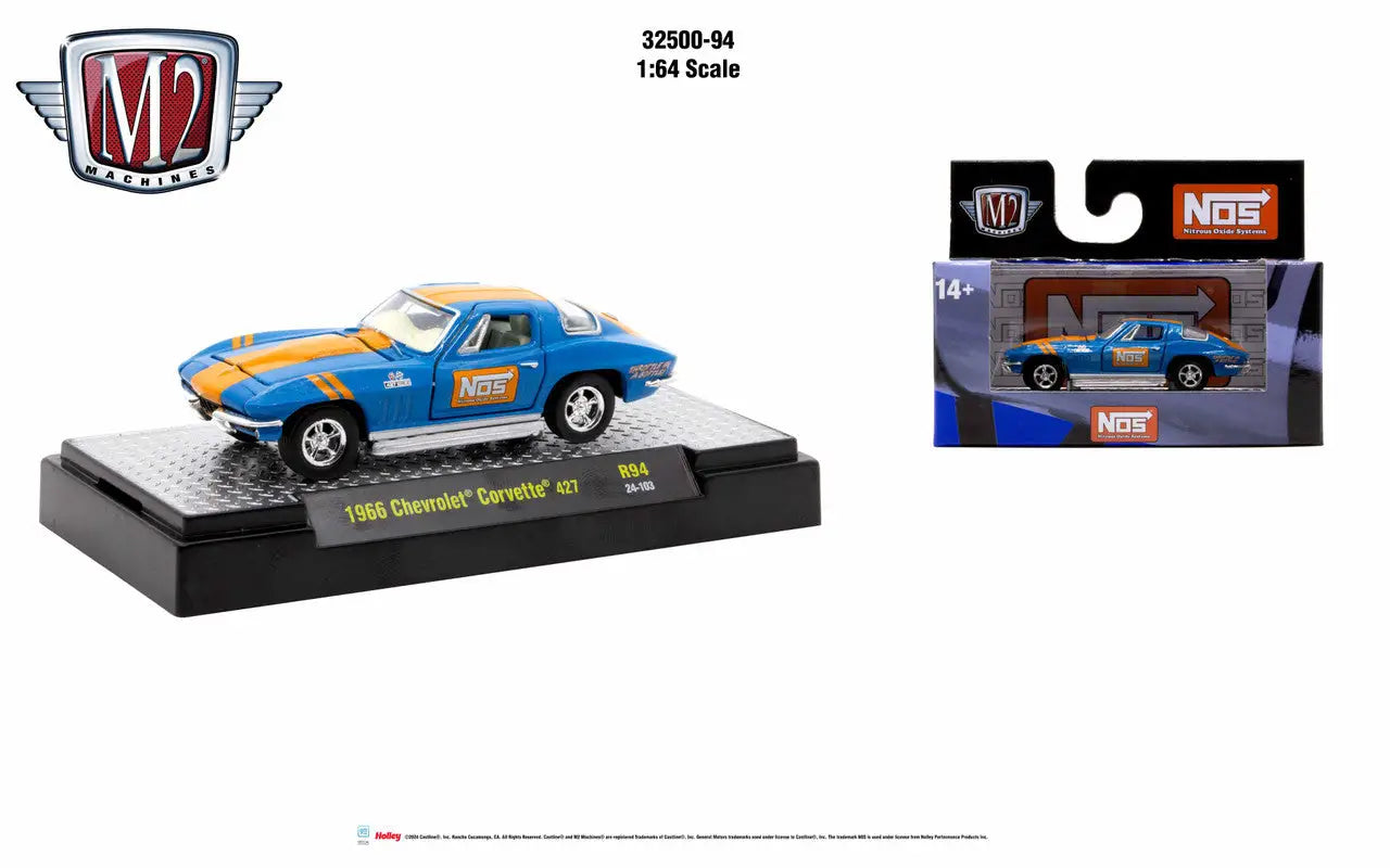 Blue and gold 1966 Chevrolet Corvette die-cast model from M2 Machines AutoThentics Rel 94