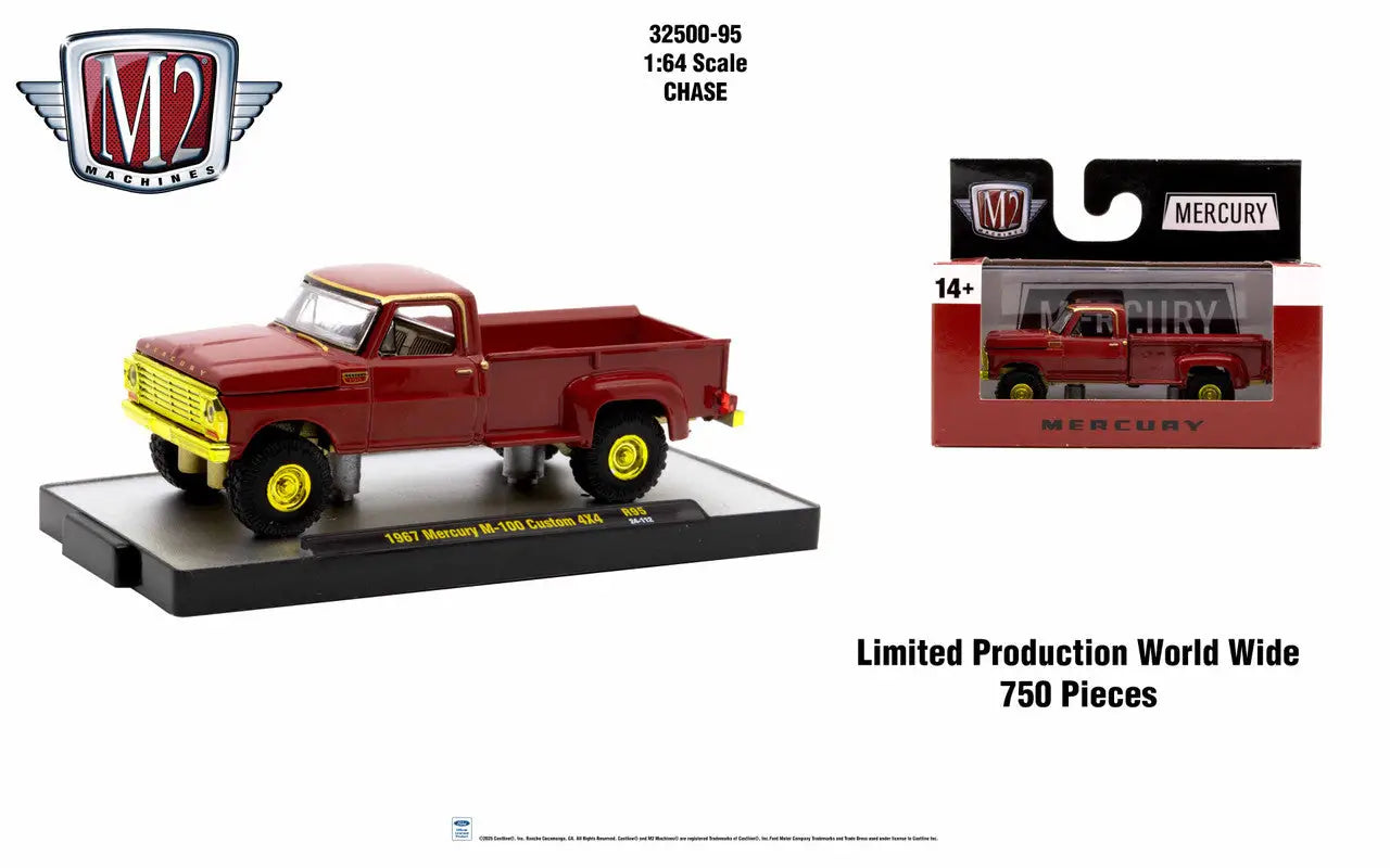 Red vintage Ford pickup truck with yellow wheels in M2 Machines AutoThentics Rel product