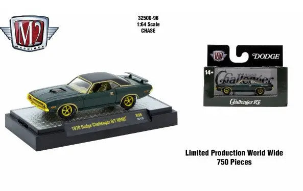 Green 1971 Dodge Challenger R/T HEMI die-cast model in M2 Machines AutoThentics Rel 96