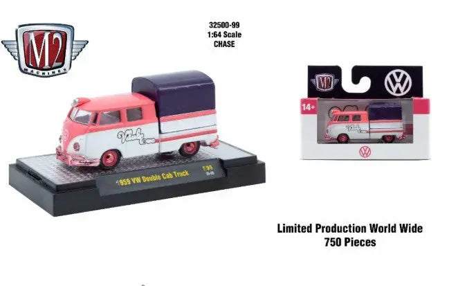 Pink and white VW double cab truck from M2 Machines Autothentics Rel 98