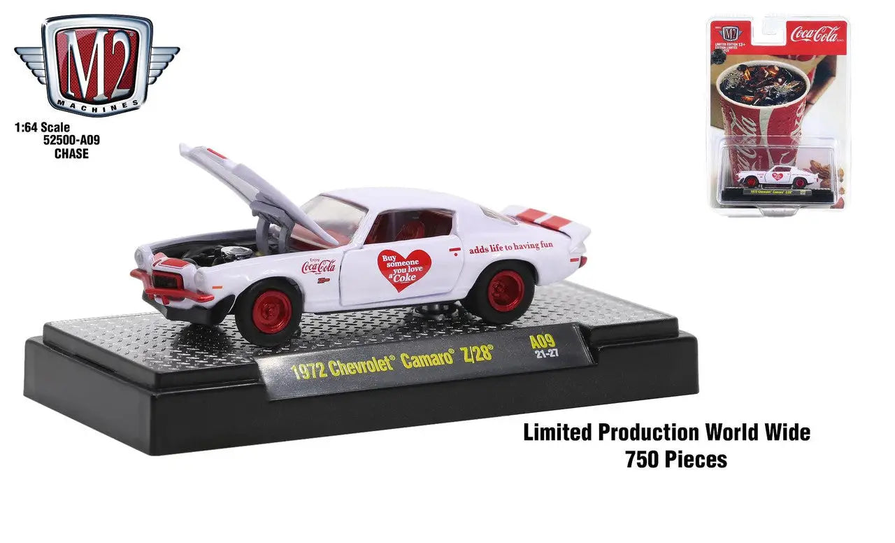 White Chevrolet Camaro Z28 die-cast model with Coca-Cola branding from Release A09 CHASE