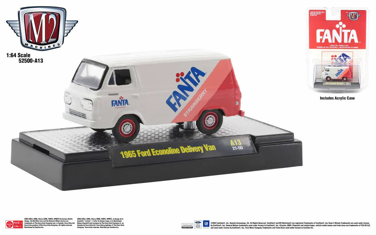 Vintage Fanta delivery van model displayed with M2 Machines Ford Econoline Delivery Van