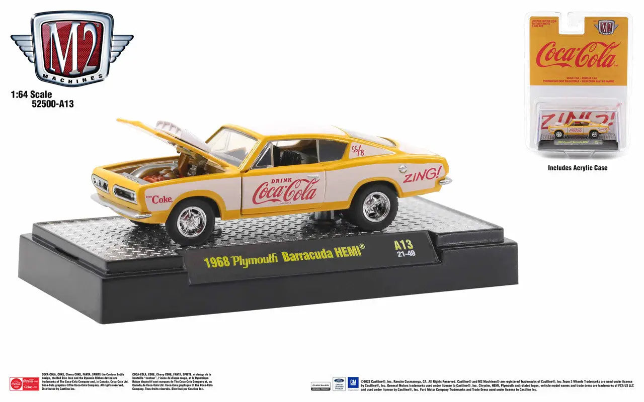 Yellow and white 1969 Plymouth Barracuda HEMI model car from M2 Machines Release A13