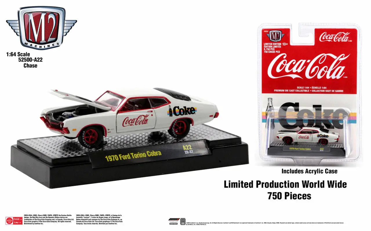 Die-cast Coca-Cola 1970 Ford Mustang Boss 302 from M2 Machines Release A22 Torino Cobra Chase
