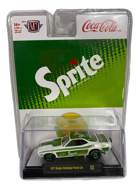 Packaged die-cast Dodge Challenger Funny Car model with Sprite branding in green and white