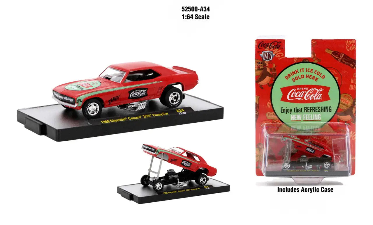 Red Coca-Cola themed Chevrolet Camaro Z28 Funny Car model with display stand and packaging