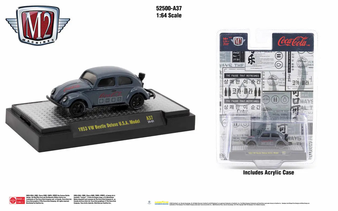Die-cast gray Volkswagen Beetle Deluxe USA model with Coca-Cola branding, Release A37