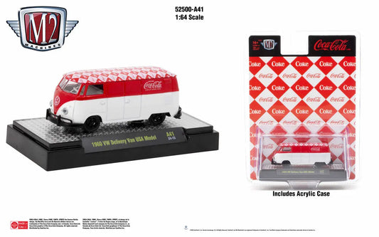 Red and white Volkswagen delivery van USA with Coca-Cola branding in M2 Machines Release A41
