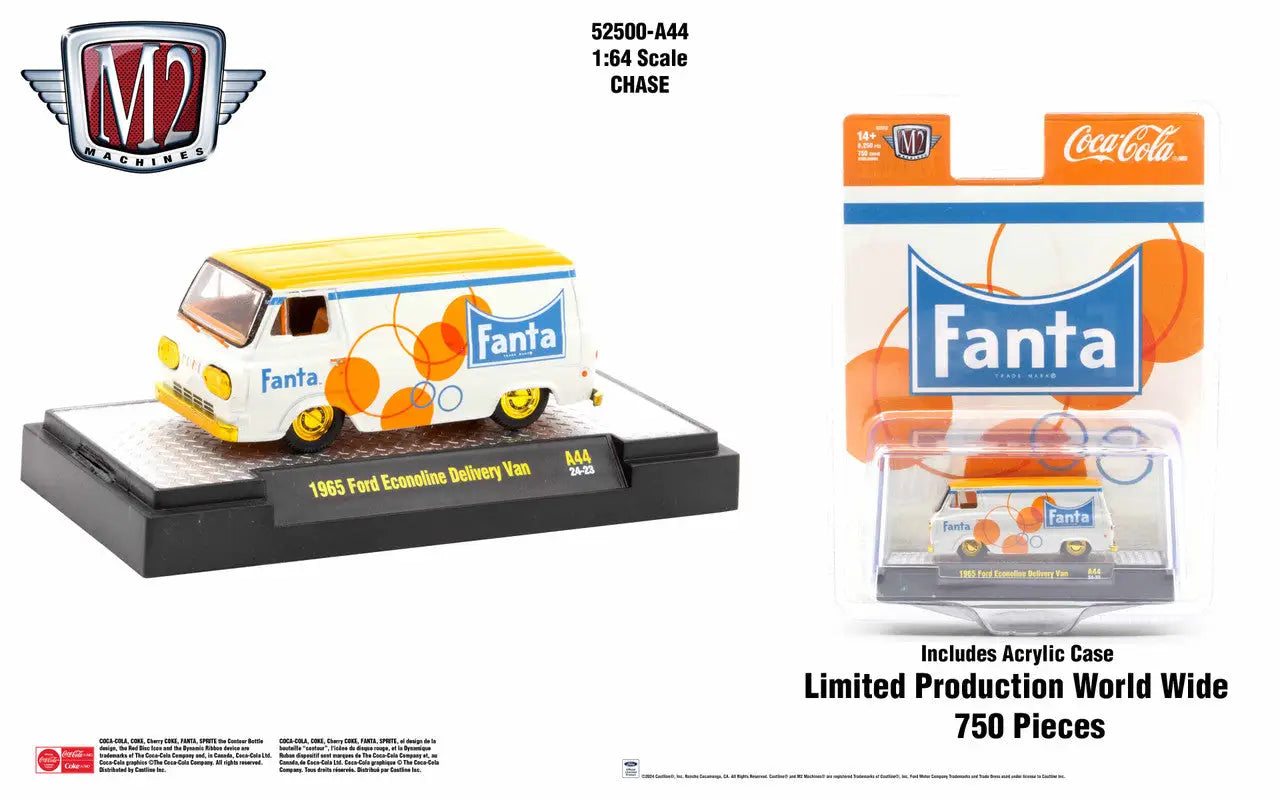 Yellow and white Fanta delivery van showcasing a Ford Econoline model on display