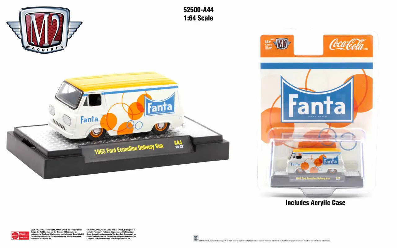 White and yellow Ford Econoline delivery van featuring vibrant Fanta branding and logos