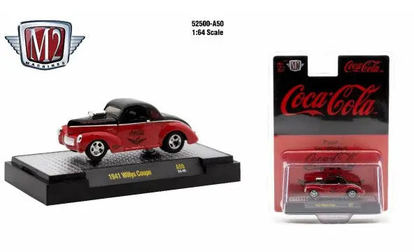 Red and black 1941 Willys Coupe toy car from M2 Machines Coca-Cola Release A50 collection