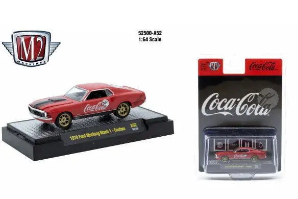 Coca-Cola-themed 1970 Ford Mustang Mach 1 diecast car from M2 Machines Release A52