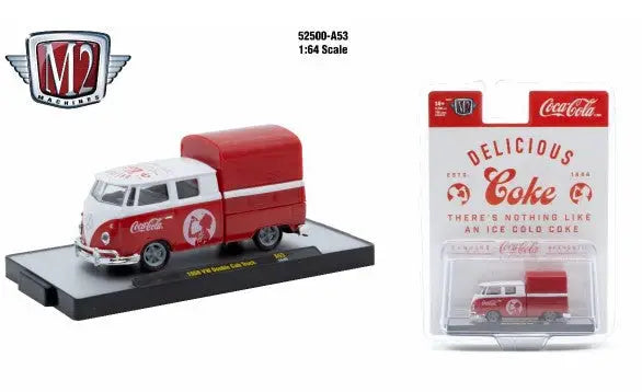 Coca-Cola-themed toy double cab truck from M2 Machines Release A53 1959 VW Double Cab Truck