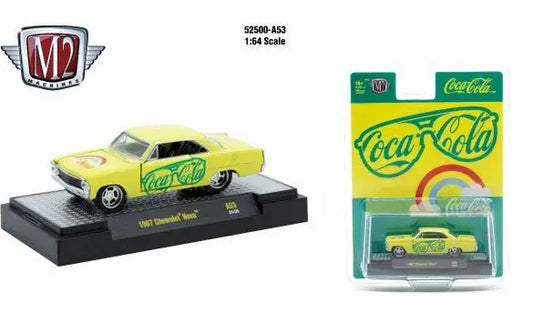 Yellow Coca-Cola 1967 Chevrolet Nova toy car from M2 Machines Release A53