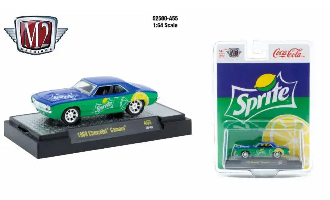 Die-cast 1969 Chevrolet Camaro Sprite in Sprite-themed blue and green paint on display stand