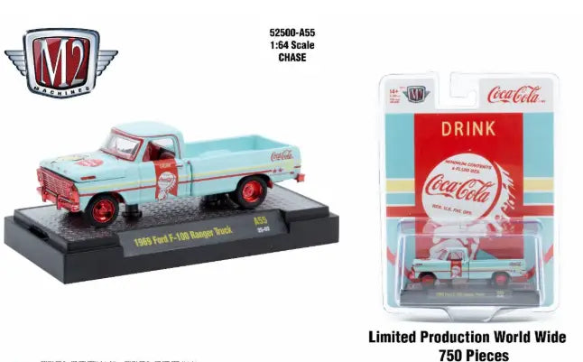 Light blue 1969 Ford F-100 Ranger Truck Chase die-cast model with Coca-Cola branding