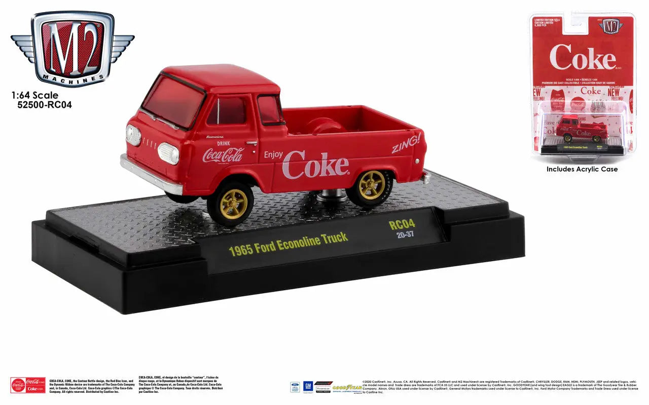 Red Coca-Cola branded toy Ford Econoline Truck model on display stand from Release RC04