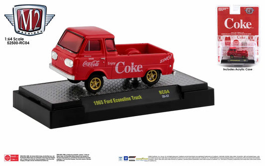 Red Coca-Cola branded toy Ford Econoline Truck model on display stand from Release RC04