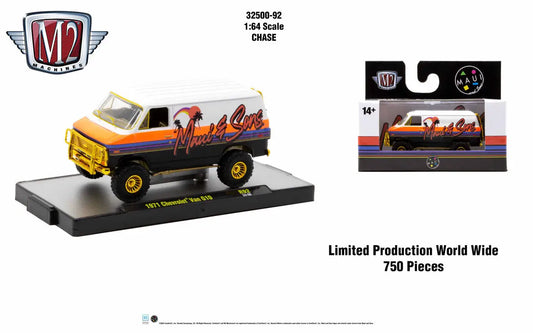 Yellow and black lifted 1970s Chevrolet Van G10 with custom graphics on the sides