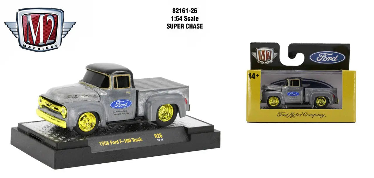 Gray Ford F-100 Truck RAW CHASE with bright yellow wheels from M2 Machines Ground Pounder R26