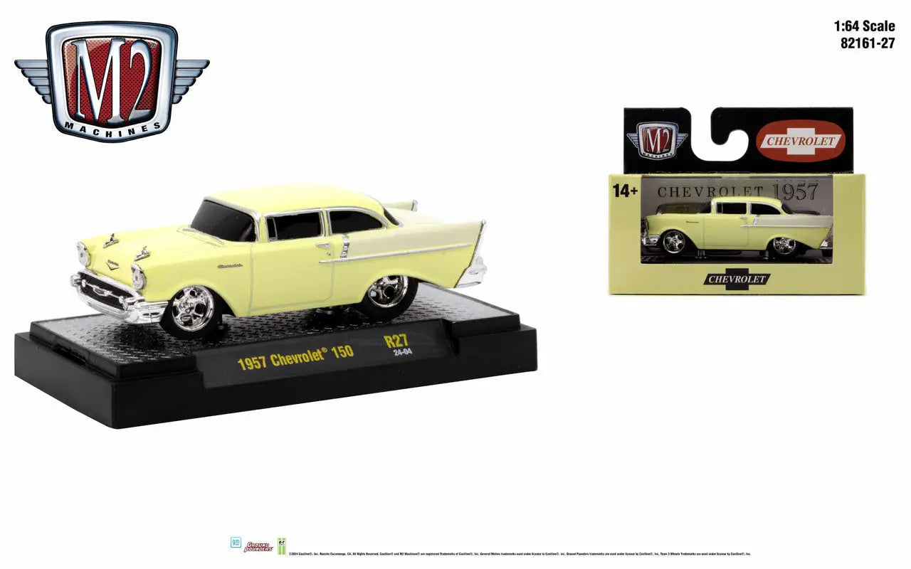 Yellow 1957 Chevrolet Bel Air model car in M2 Machines Ground Pounder R27 series