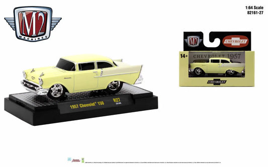Yellow 1957 Chevrolet Bel Air model car in M2 Machines Ground Pounder R27 series