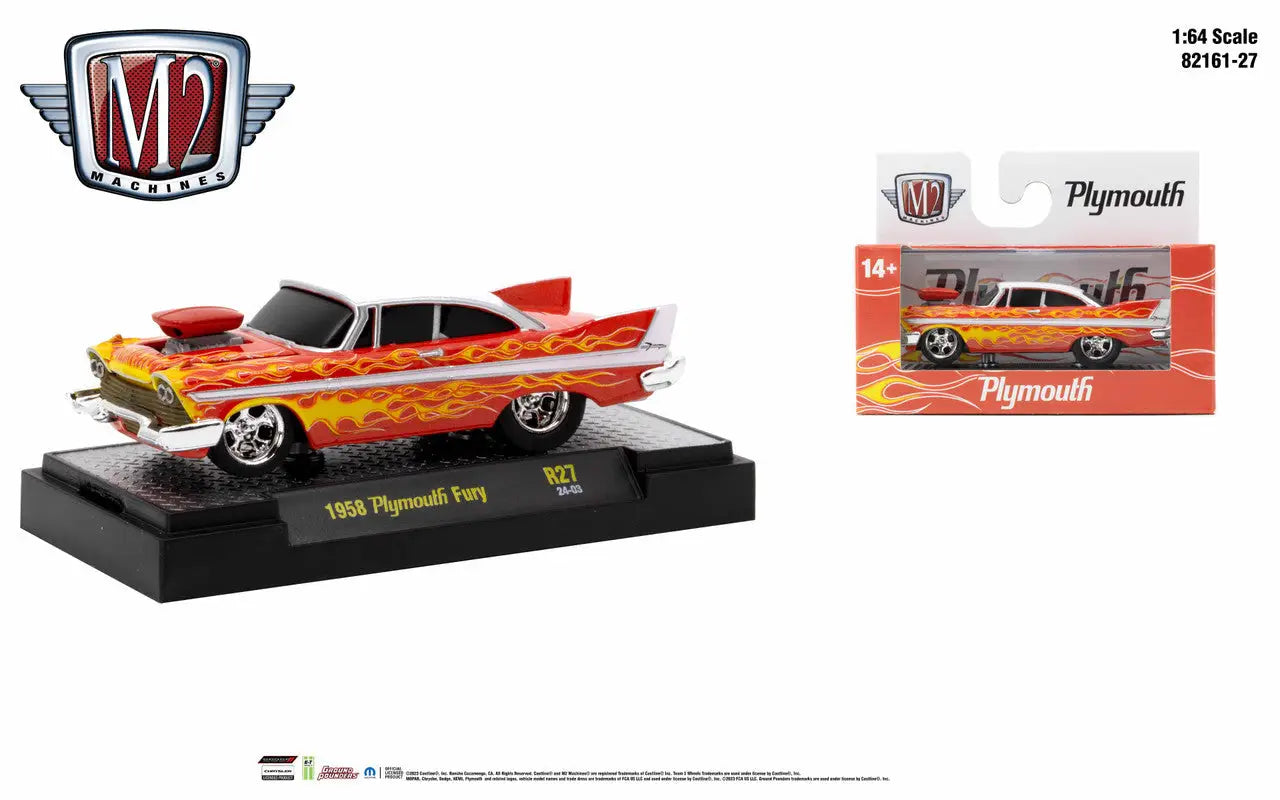 Customized 1958 Plymouth Fury with flames, featured in M2 Machines Ground Pounder R27