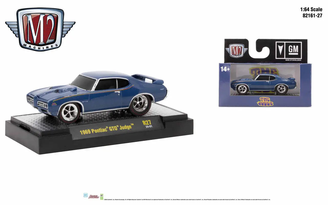 Blue classic Pontiac GTO Judge model on display stand from M2 Machines Ground Pounder R27