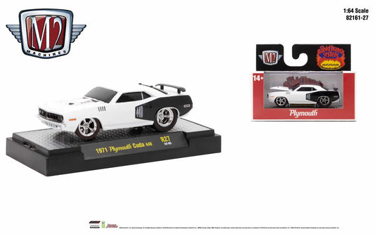 White and black 1971 Plymouth Cuda die-cast model car from Ground Pounder R27 collection