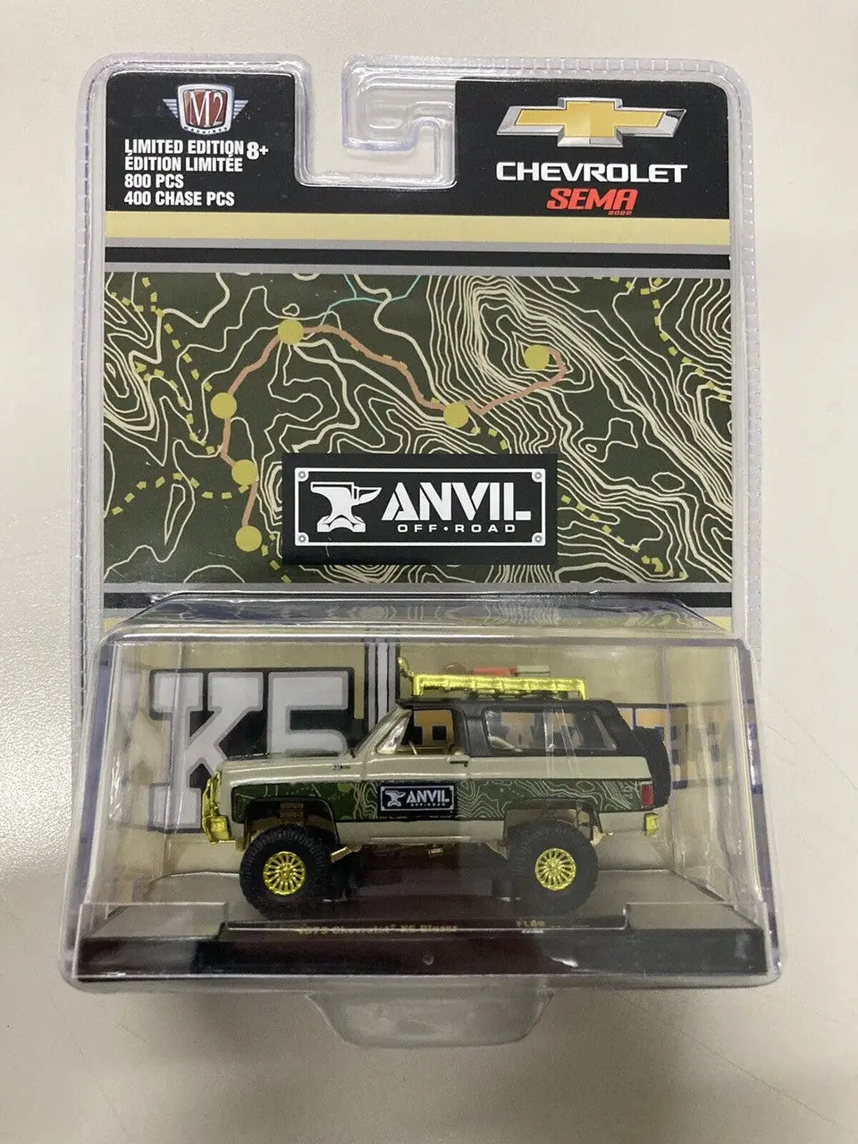 Die-cast green Chevrolet K5 Blazer FL09 Limited in M2 Machines SEMA Anvil packaging