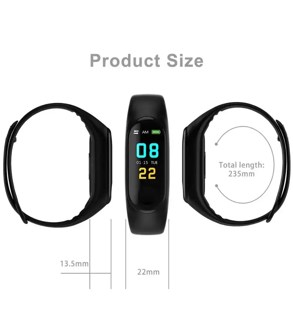 Black fitness tracker with digital display and adjustable band from M3 Smartwatch with blood pressure monitor