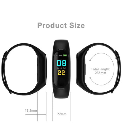 Black fitness tracker with digital display and adjustable band from M3 Smartwatch with blood pressure monitor