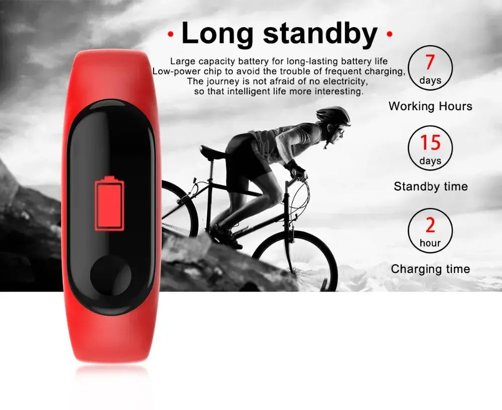 Red fitness tracker with battery indicator on M3 Smartwatch with Blood Pressure Monitor