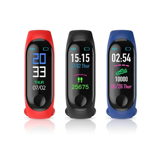 Three M3 Smartwatches in red black and blue with blood pressure monitor and headphone rate
