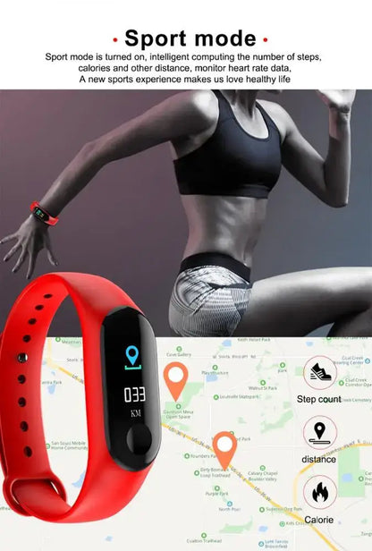 Red activity tracker with black display showing distance, location, and blood pressure monitor features