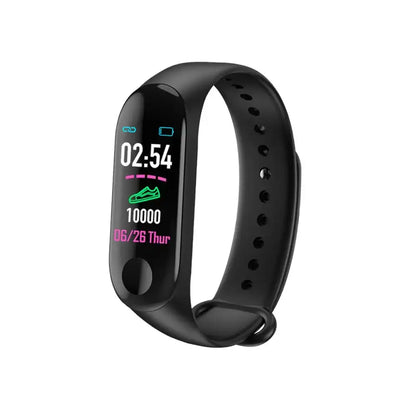 Black M3 Smartwatch with digital display showing time steps date blood pressure monitor and headphone rate