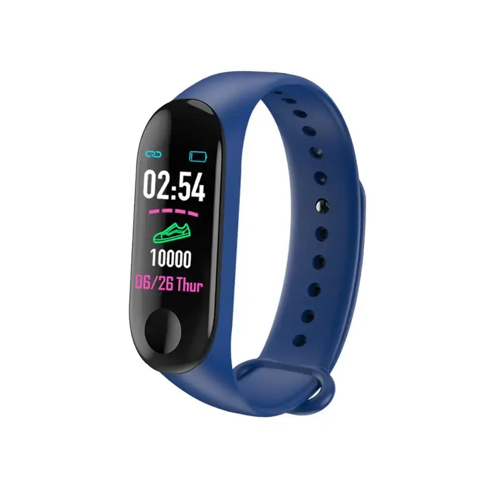 Blue M3 Smartwatch with blood pressure monitor and headphone rate display during business days
