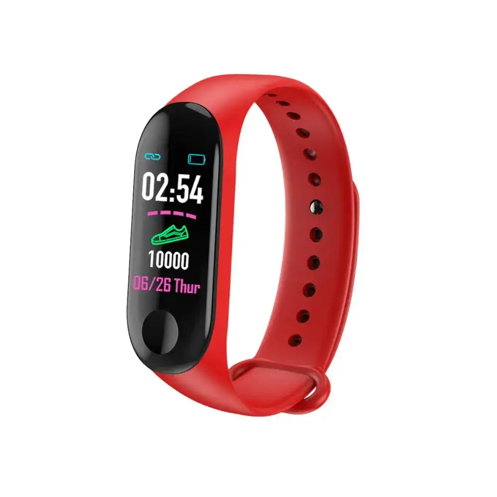 Red fitness tracker with black screen showing time steps date, M3 Smartwatch with blood pressure monitor and headphone rate