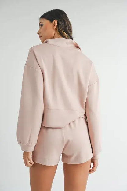 Blush pink half zip sweatshirt and shorts set from Mable Apparel, perfect loungewear