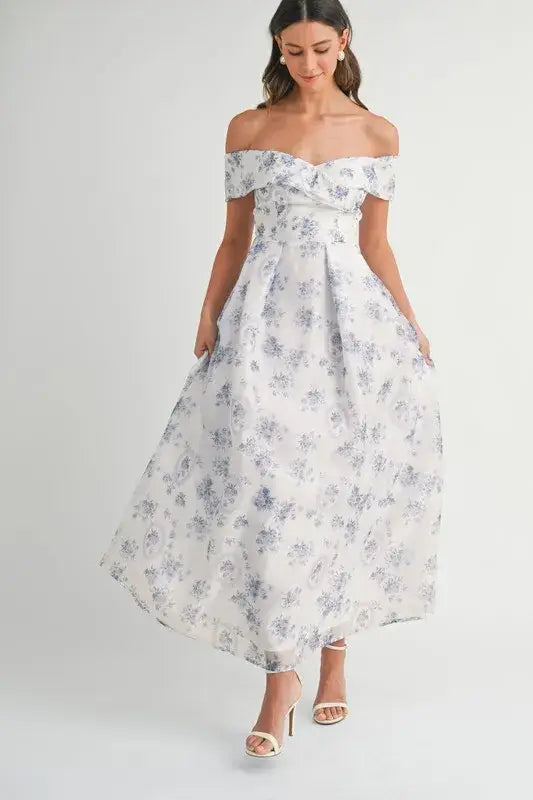 MABLE Floral Printed Off Shoulder Maxi Dress