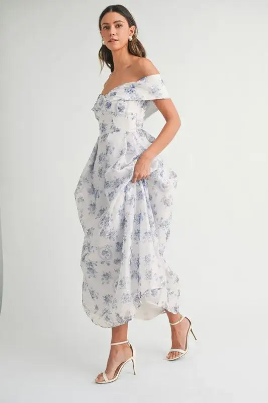 MABLE Floral Printed Off Shoulder Maxi Dress