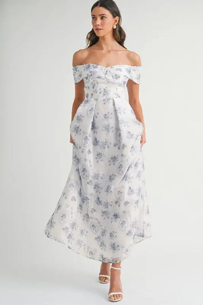 MABLE Floral Printed Off Shoulder Maxi Dress
