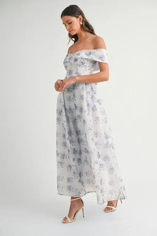 MABLE Floral Printed Off Shoulder Maxi Dress