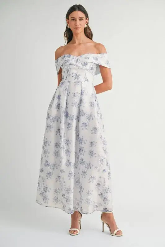 MABLE Floral Printed Off Shoulder Maxi Dress - Blue / S