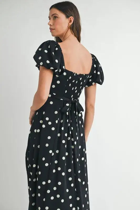 MABLE Polka Dot Puff Sleeve Midi Dress