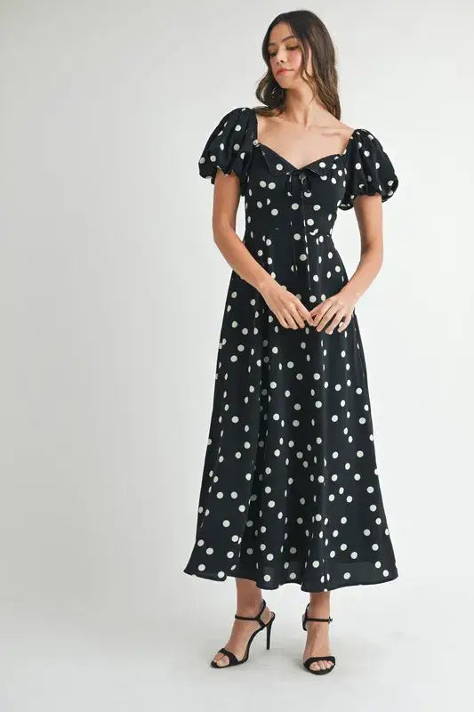 MABLE Polka Dot Puff Sleeve Midi Dress