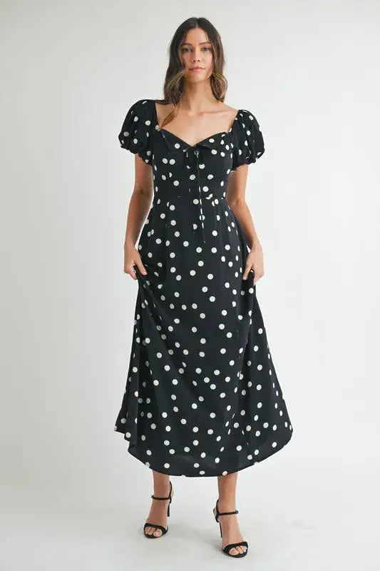 MABLE Polka Dot Puff Sleeve Midi Dress - Black / S