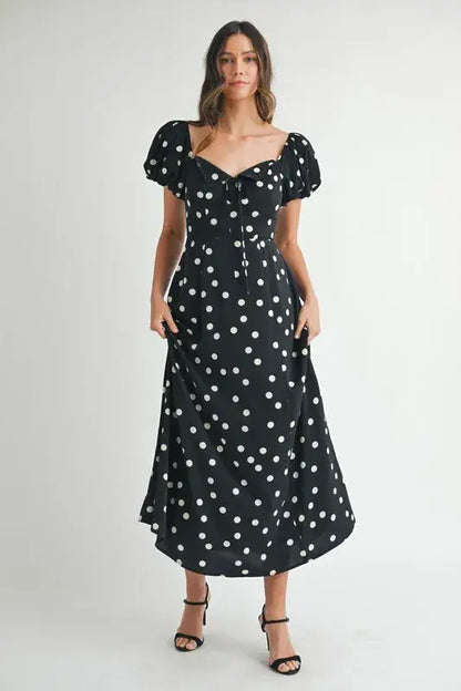 MABLE Polka Dot Puff Sleeve Midi Dress - Black / S
