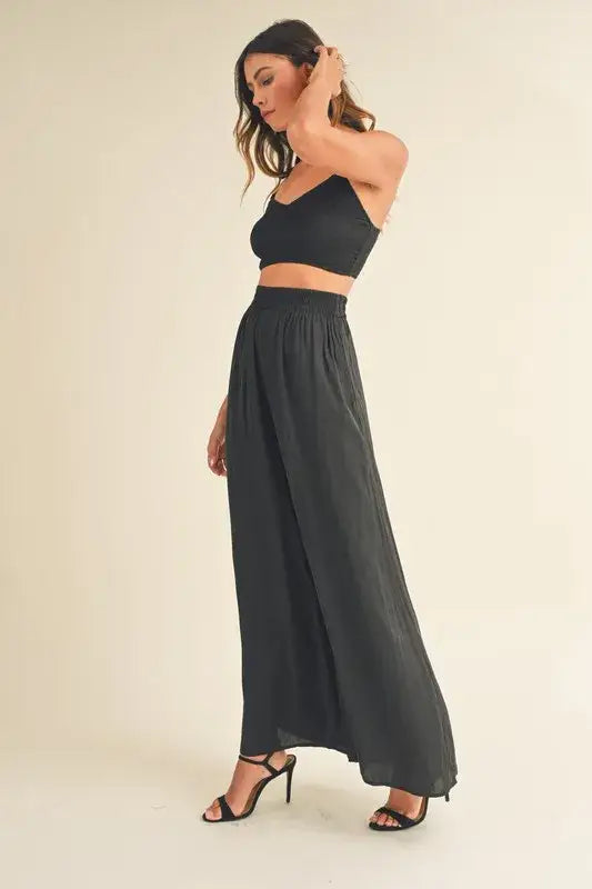 MABLE Smocked Bralette Crop Top and Wide Leg Pants Set